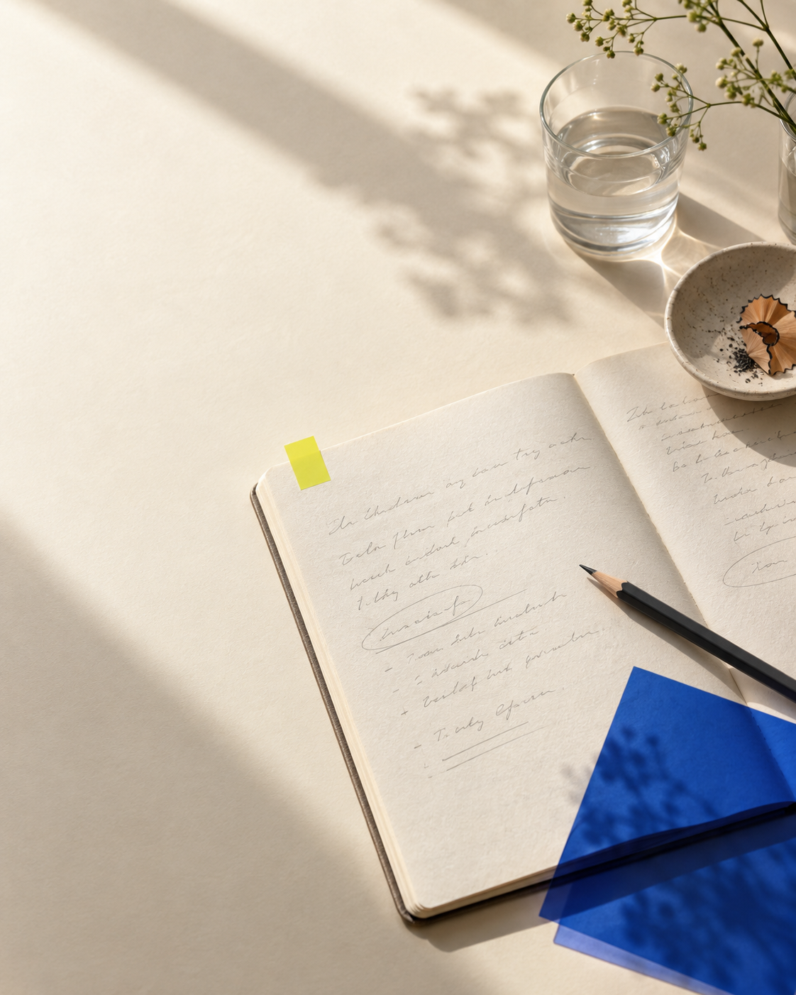 Open notebook, pencil, blue translucent paper, and a yellow page tab on a warm desk